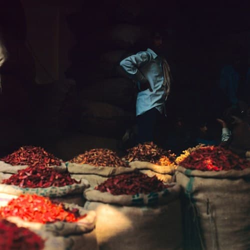 Indian spices in market sacks